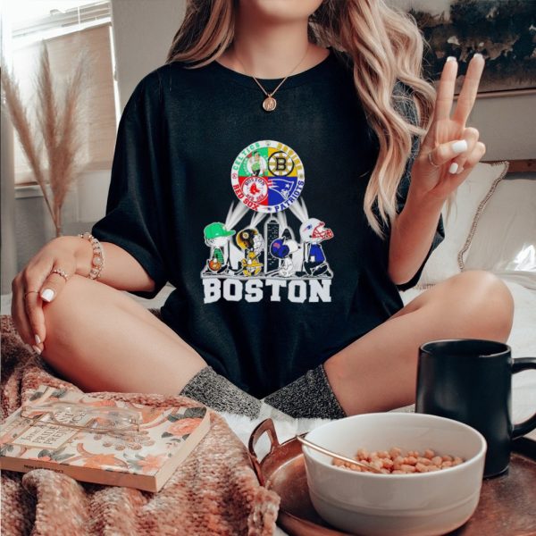 Peanuts characters Bruins Patriots Red Sox Celtics Boston skyline city shirt