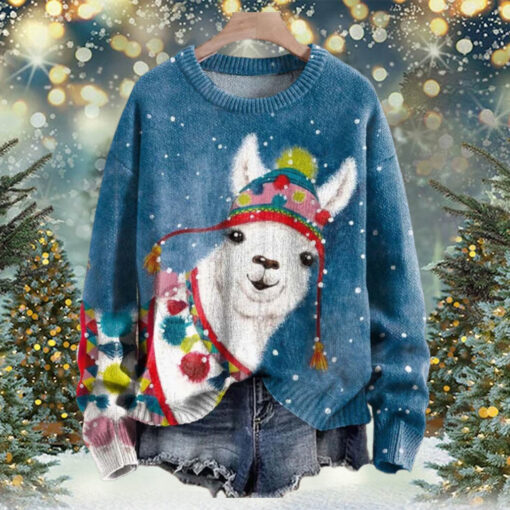 Alpaca Llama Christmas Snowing Print Knit Pullover Sweater