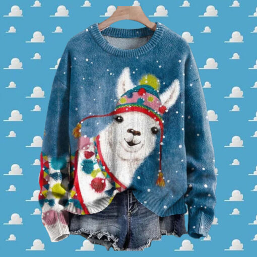 Alpaca Llama Christmas Snowing Print Knit Pullover Sweater