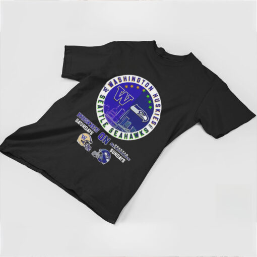 Washington Huskies Saturdays x Seattle Seahawks Sundays skyline logo shirt