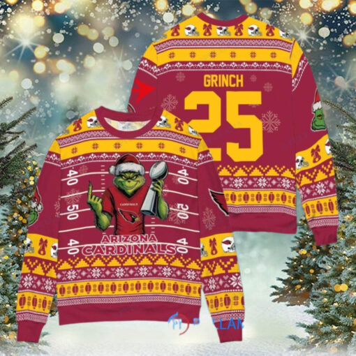 Arizona Cardinals x Grinch Christmas Dr. Seuss How the Grinch Stole Christmas with Super Bowl Trophy Custom Ugly Christmas Sweater