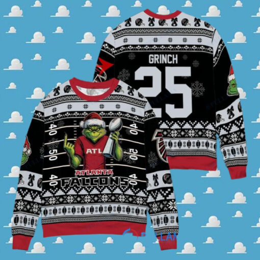 Atlanta Falcons x Grinch Christmas Dr. Seuss How the Grinch Stole Christmas with Super Bowl Trophy Custom Ugly Christmas Sweater