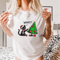 Awesome Black Cat Pushing Christmas Tree Over Cat What Xmas T Shirt