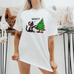 Awesome Black Cat Pushing Christmas Tree Over Cat What Xmas T Shirt