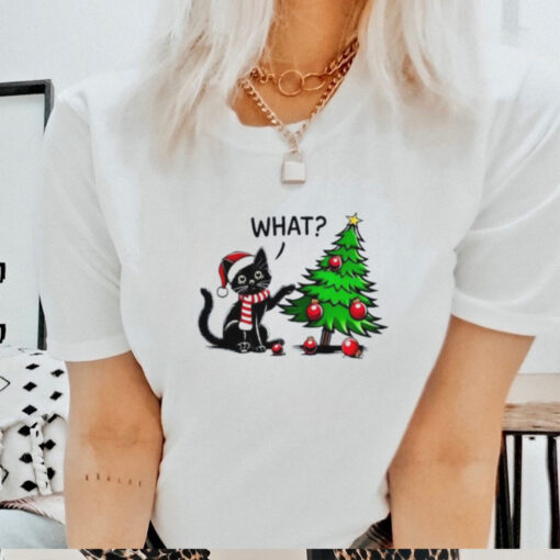 Awesome Black Cat Pushing Christmas Tree Over Cat What Xmas T Shirt