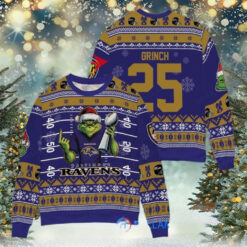 Baltimore Ravens x Grinch Christmas Dr. Seuss How the Grinch Stole Christmas with Super Bowl Trophy Custom Ugly Christmas Sweater