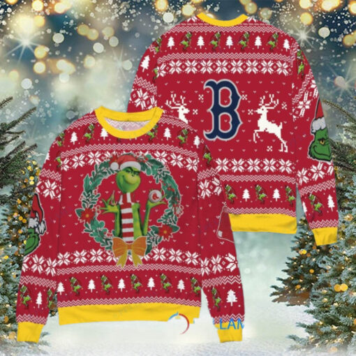 Boston Red Sox x Grinch Dr. Seuss How the Grinch Stole Christmas MLB with World Series Trophy Ugly Christmas Sweater Red