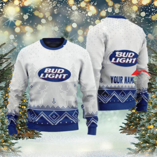 Bud Light Beer White Personalized Reindeer Ugly Christmas Sweater Gift For Men And Women