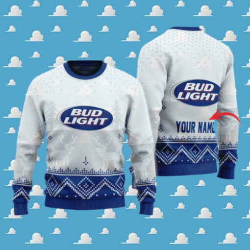 Bud Light Beer White Personalized Reindeer Ugly Christmas Sweater Gift For Men And Women