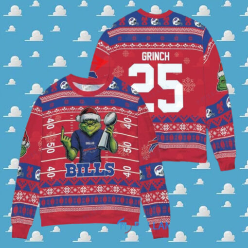 Buffalo Bills x Grinch Christmas Dr. Seuss How the Grinch Stole Christmas with Super Bowl Trophy Custom Ugly Christmas Sweater