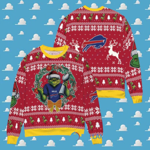 Buffalo Bills x Grinch NFL Dr. Seuss How the Grinch Stole Christmas with Super Bowl Trophy Ugly Christmas Sweater Red