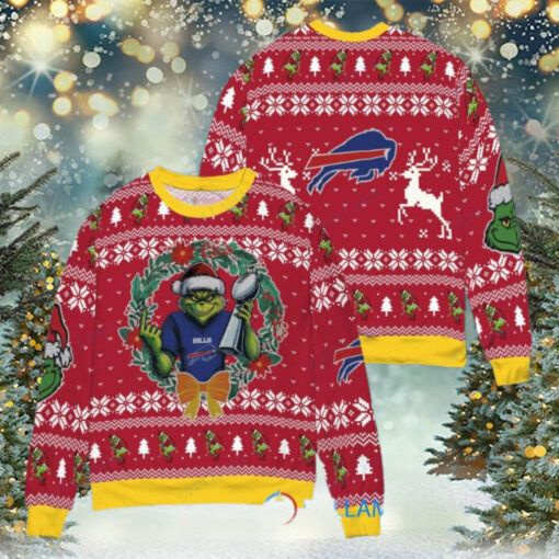 Buffalo Bills x Grinch NFL Dr. Seuss How the Grinch Stole Christmas with Super Bowl Trophy Ugly Christmas Sweater Red