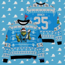 Carolina Panthers x Grinch Christmas Dr. Seuss How the Grinch Stole Christmas with Super Bowl Trophy Custom Ugly Christmas Sweater