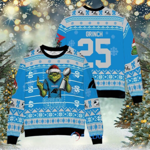 Carolina Panthers x Grinch Christmas Dr. Seuss How the Grinch Stole Christmas with Super Bowl Trophy Custom Ugly Christmas Sweater