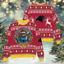 Carolina Panthers x Grinch NFL Dr. Seuss How the Grinch Stole Christmas with Super Bowl Trophy Ugly Christmas Sweater Red