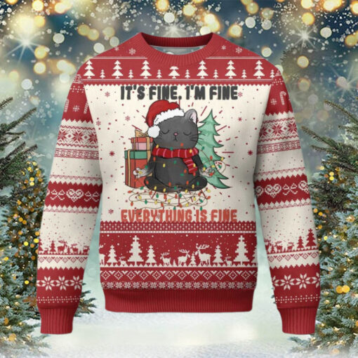 Christmas Black Cat Ugly Christmas Sweater It’s Fine I’m Fine Everything Is Fine Xmas Light Funny TS02