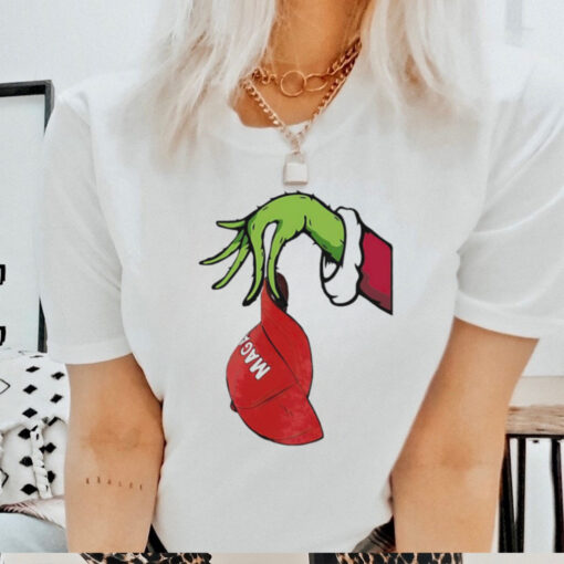 Christmas Grinch hand holding Maga hat shirt