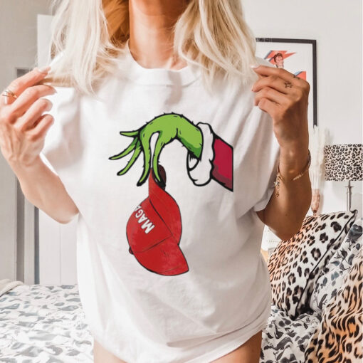 Christmas Grinch hand holding Maga hat shirt