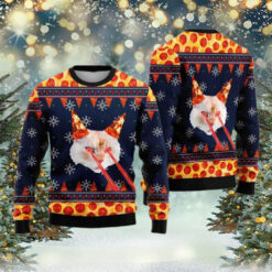 Christmas Pizza Cat With Laser Eyes Ugly Christmas Sweater