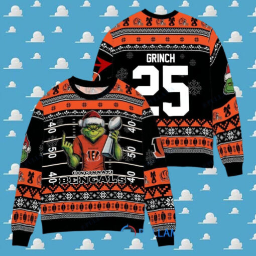 Cincinnati Bengals x Grinch Christmas Dr. Seuss How the Grinch Stole Christmas with Super Bowl Trophy Custom Ugly Christmas Sweater