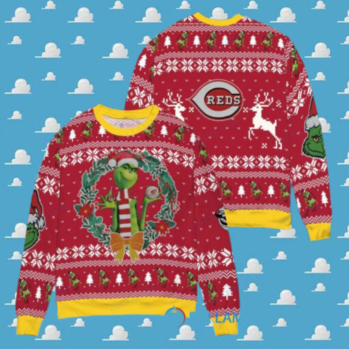 Cincinnati Reds x Grinch Dr. Seuss How the Grinch Stole Christmas MLB with World Series Trophy Ugly Christmas Sweater Red