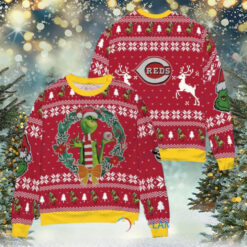 Cincinnati Reds x Grinch Dr. Seuss How the Grinch Stole Christmas MLB with World Series Trophy Ugly Christmas Sweater Red