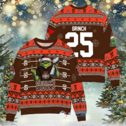 Cleveland Browns x Grinch Christmas Dr. Seuss How the Grinch Stole Christmas with Super Bowl Trophy Custom Ugly Christmas Sweater