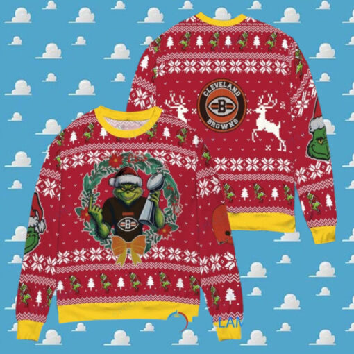 Cleveland Browns x Grinch NFL Dr. Seuss How the Grinch Stole Christmas with Super Bowl Trophy Ugly Christmas Sweater Red