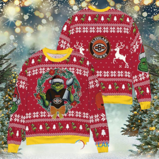 Cleveland Browns x Grinch NFL Dr. Seuss How the Grinch Stole Christmas with Super Bowl Trophy Ugly Christmas Sweater Red