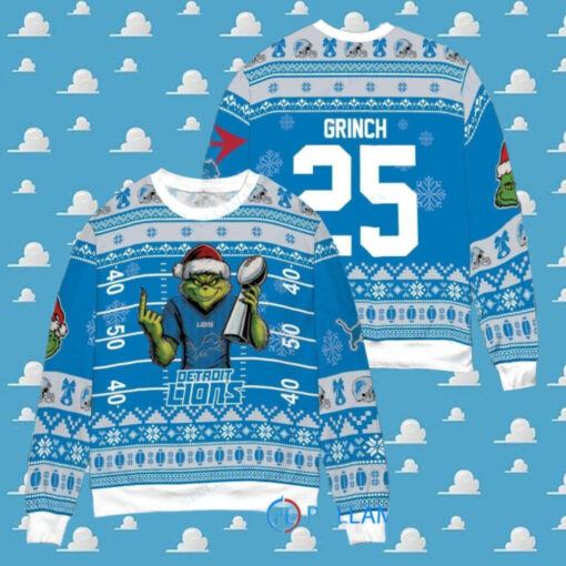 Detroit Lions x Grinch Christmas Dr. Seuss How the Grinch Stole Christmas with Super Bowl Trophy Custom Ugly Christmas Sweater