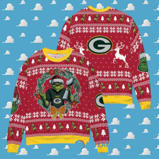 Green Bay Packers x Grinch NFL Dr. Seuss How the Grinch Stole Christmas with Super Bowl Trophy Ugly Christmas Sweater Red