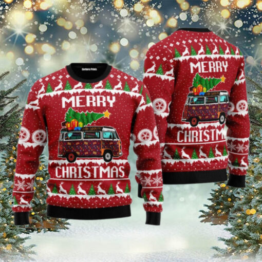 Hippie Car Merry Christmas Red Ugly Christmas Sweater