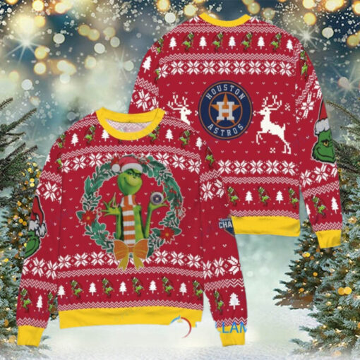 Houston Astros x Grinch Dr. Seuss How the Grinch Stole Christmas MLB with World Series Trophy Ugly Christmas Sweater Red