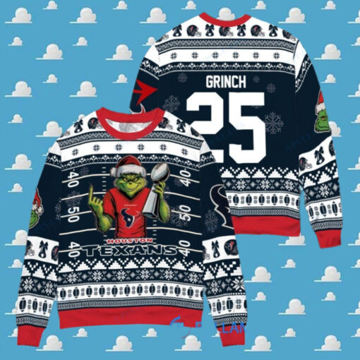 Houston Texans x Grinch Christmas Dr. Seuss How the Grinch Stole Christmas with Super Bowl Trophy Custom Ugly Christmas Sweater