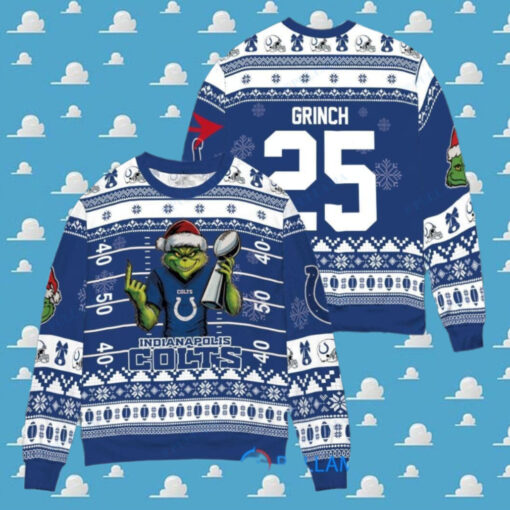 Indianapolis Colts x Grinch Christmas Dr. Seuss How the Grinch Stole Christmas with Super Bowl Trophy Custom Ugly Christmas Sweater