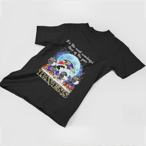 It’s The Most Wonderful Time Of The Years Peanuts Characters X Baltimore Ravens Merry Christmas Shirt