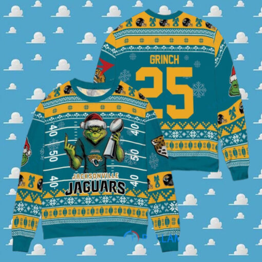 Jacksonville Jaguars x Grinch Christmas Dr. Seuss How the Grinch Stole Christmas with Super Bowl Trophy Custom Ugly Christmas Sweater