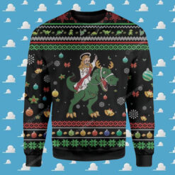 Jesus And A Green Dinosaur Ugly Christmas Sweater