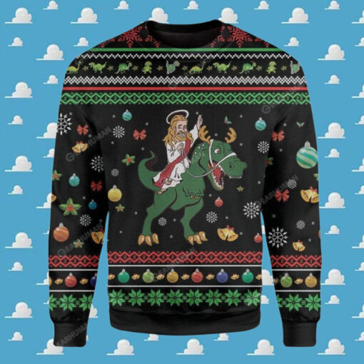 Jesus And A Green Dinosaur Ugly Christmas Sweater