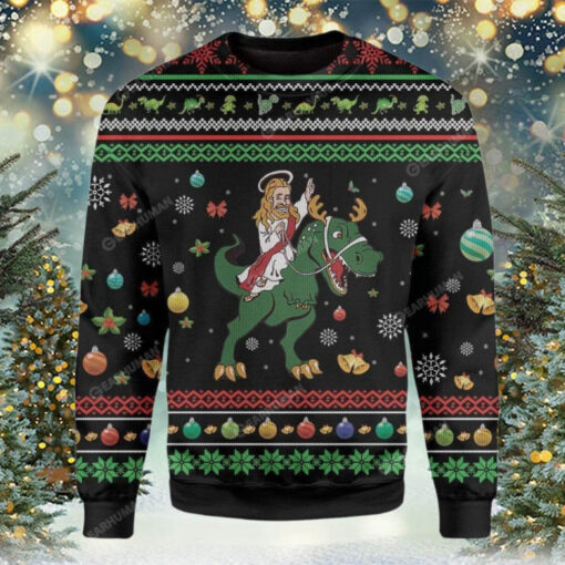 Jesus And A Green Dinosaur Ugly Christmas Sweater