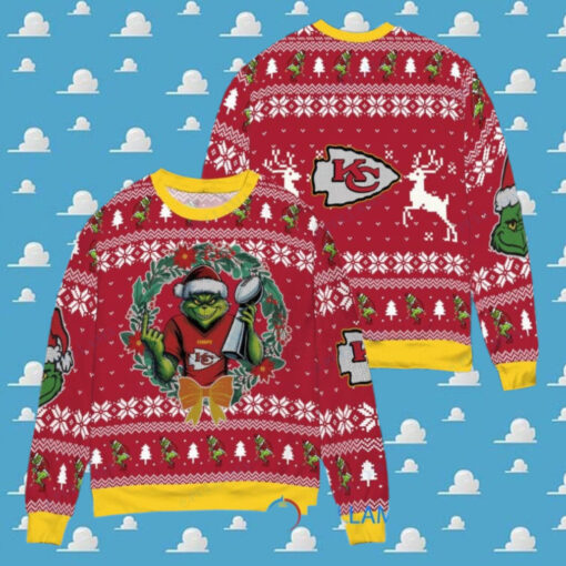 Kansas City Chiefs x Grinch NFL Dr. Seuss How the Grinch Stole Christmas with Super Bowl Trophy Ugly Christmas Sweater Red