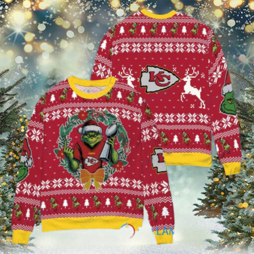 Kansas City Chiefs x Grinch NFL Dr. Seuss How the Grinch Stole Christmas with Super Bowl Trophy Ugly Christmas Sweater Red