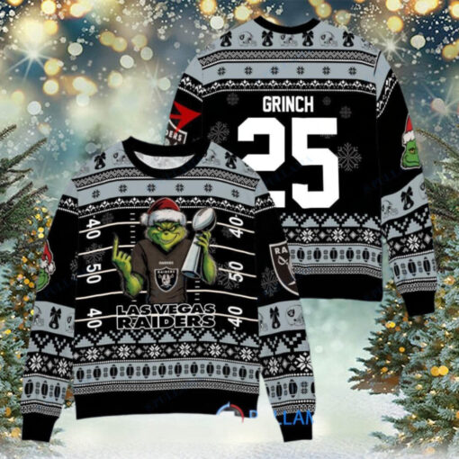 Las Vegas Raiders x Grinch Christmas Dr. Seuss How the Grinch Stole Christmas with Super Bowl Trophy Custom Ugly Christmas Sweater