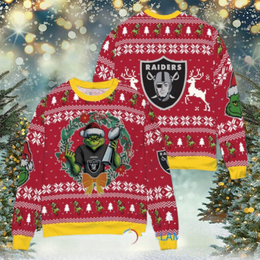 Las Vegas Raiders x Grinch NFL Dr. Seuss How the Grinch Stole Christmas with Super Bowl Trophy Ugly Christmas Sweater Red