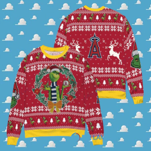 Los Angeles Angels x Grinch Dr. Seuss How the Grinch Stole Christmas MLB with World Series Trophy Ugly Christmas Sweater Red