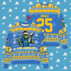 Los Angeles Chargers x Grinch Christmas Dr. Seuss How the Grinch Stole Christmas with Super Bowl Trophy Custom Ugly Christmas Sweater