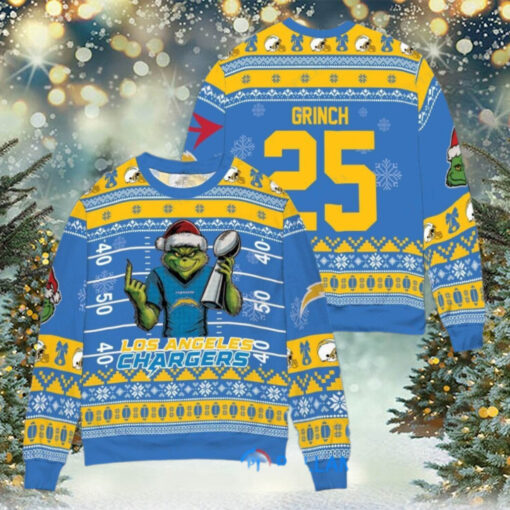 Los Angeles Chargers x Grinch Christmas Dr. Seuss How the Grinch Stole Christmas with Super Bowl Trophy Custom Ugly Christmas Sweater