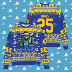 Los Angeles Rams x Grinch Christmas Dr. Seuss How the Grinch Stole Christmas with Super Bowl Trophy Custom Ugly Christmas Sweater