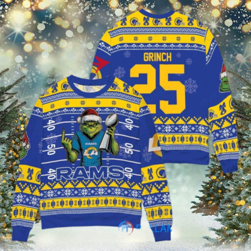 Los Angeles Rams x Grinch Christmas Dr. Seuss How the Grinch Stole Christmas with Super Bowl Trophy Custom Ugly Christmas Sweater