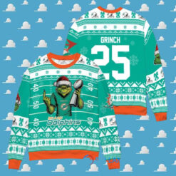 Miami Dolphins x Grinch Christmas Dr. Seuss How the Grinch Stole Christmas with Super Bowl Trophy Custom Ugly Christmas Sweater